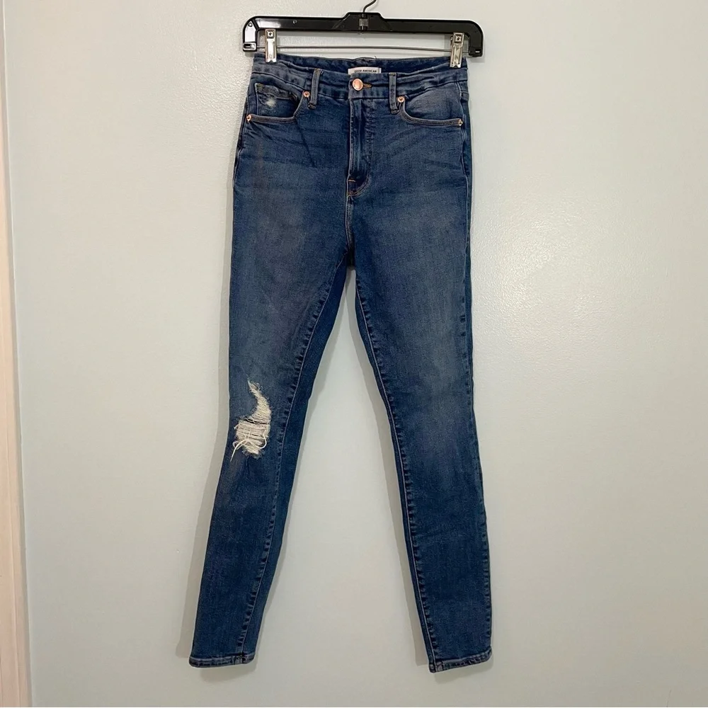 Good American Distressed Good Waist High Rise Skinny Ankle Jean Stretch Blue 28